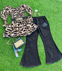 Leopard Luxe Smoked Top & Bell Bottom Jeans Ensemble