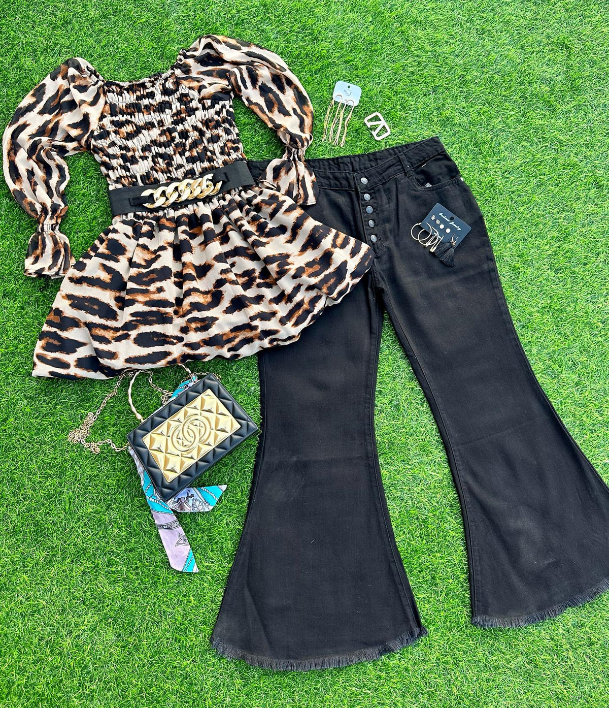 Leopard Luxe Smoked Top & Bell Bottom Jeans Ensemble