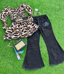 Leopard Luxe Smoked Top & Bell Bottom Jeans Ensemble