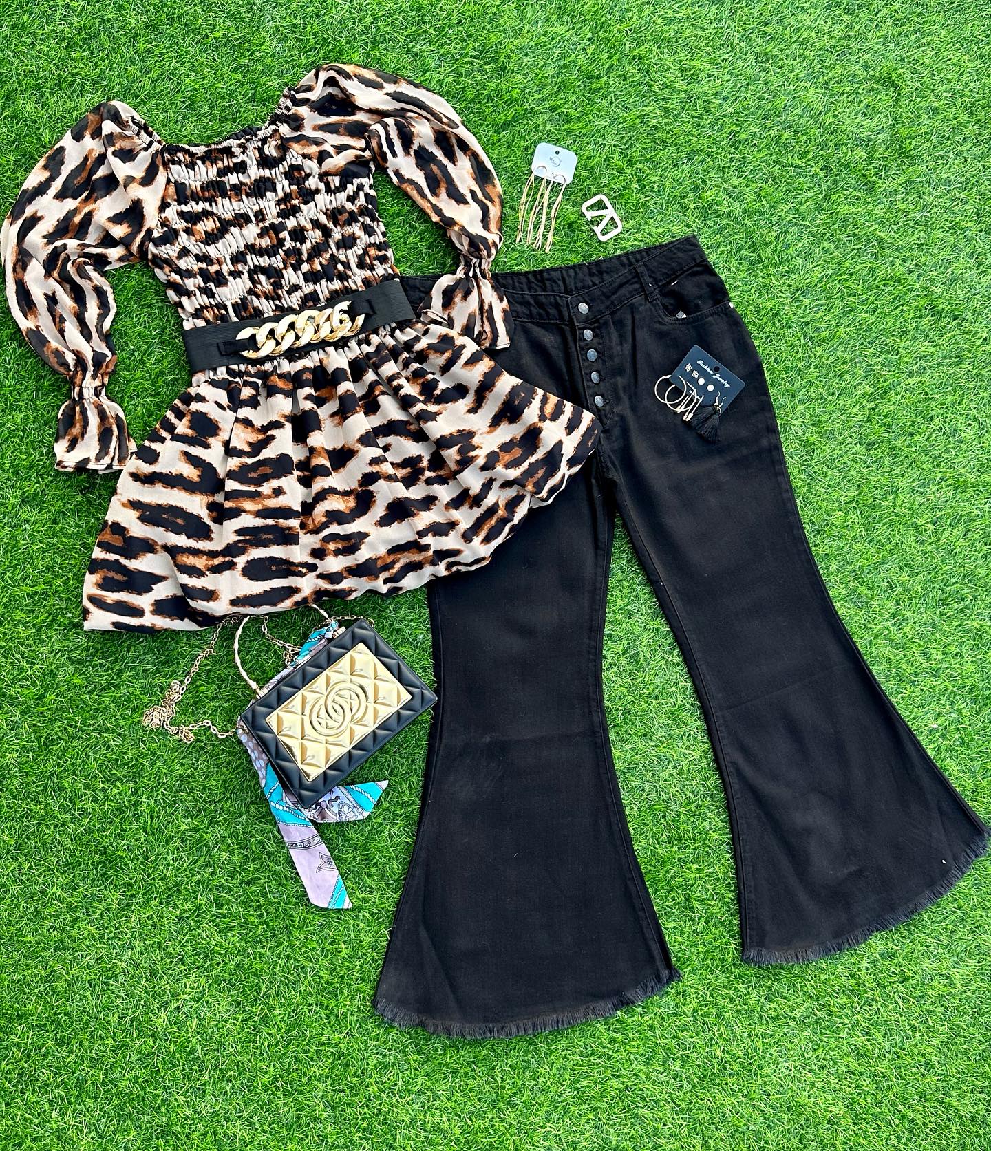 Leopard Luxe Smoked Top & Bell Bottom Jeans Ensemble