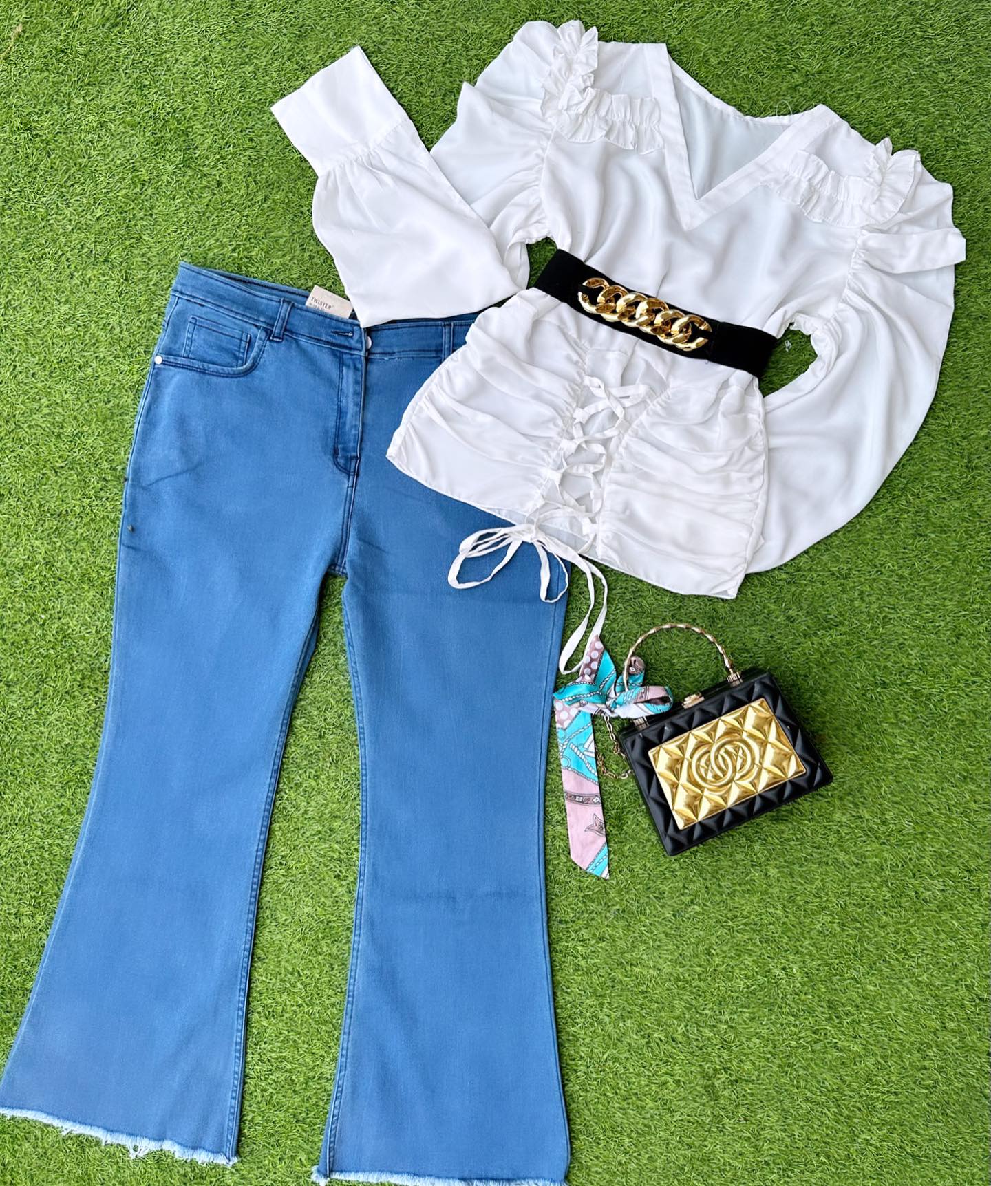 Chic Dory & Frill Shirt with Bell Bottom Jeans Ensemble