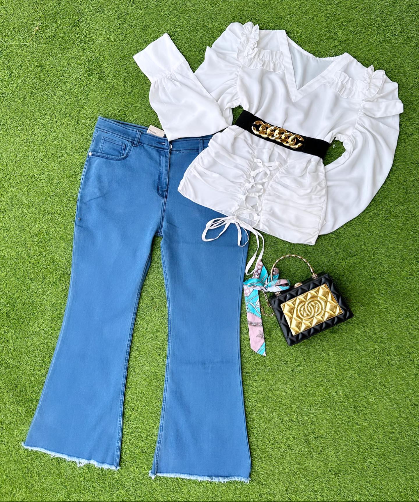 Chic Dory & Frill Shirt with Bell Bottom Jeans Ensemble