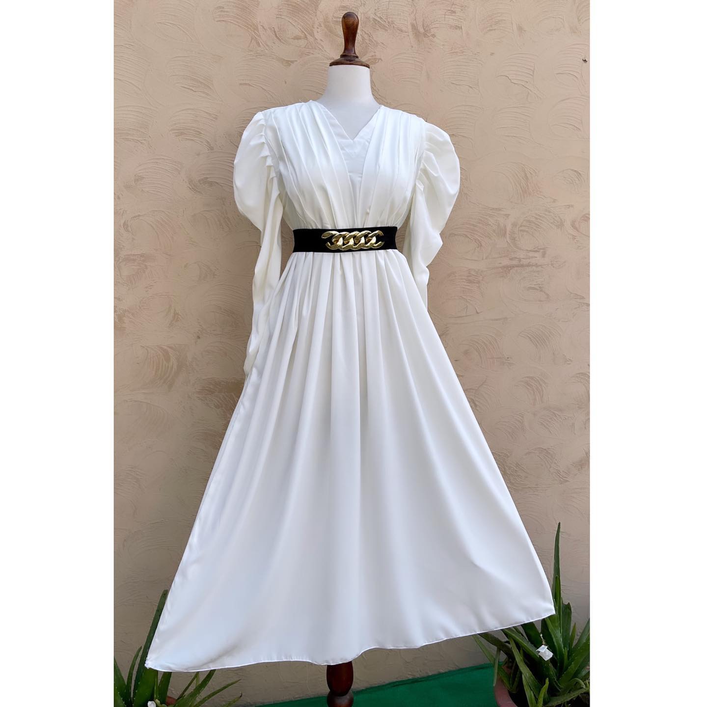White Plated Frock with Puff Sleeves