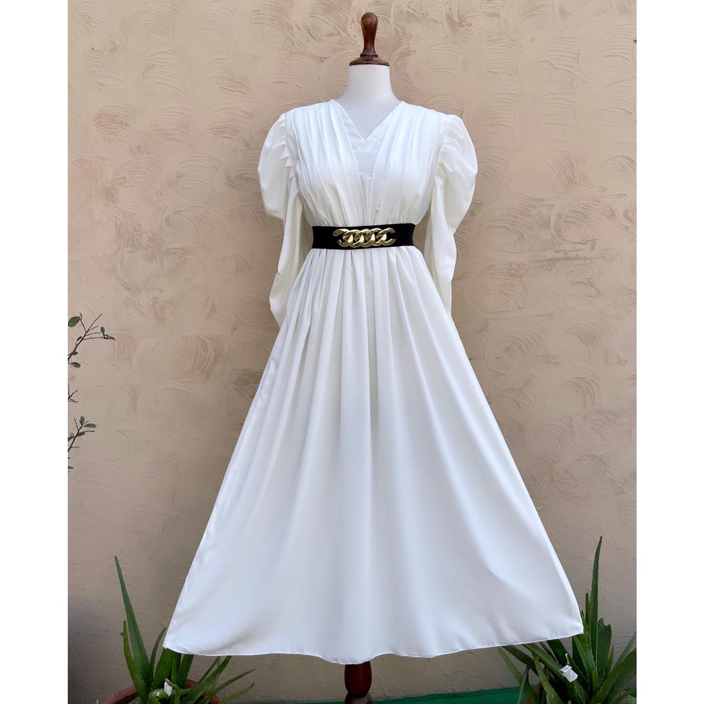 White Plated Frock with Puff Sleeves