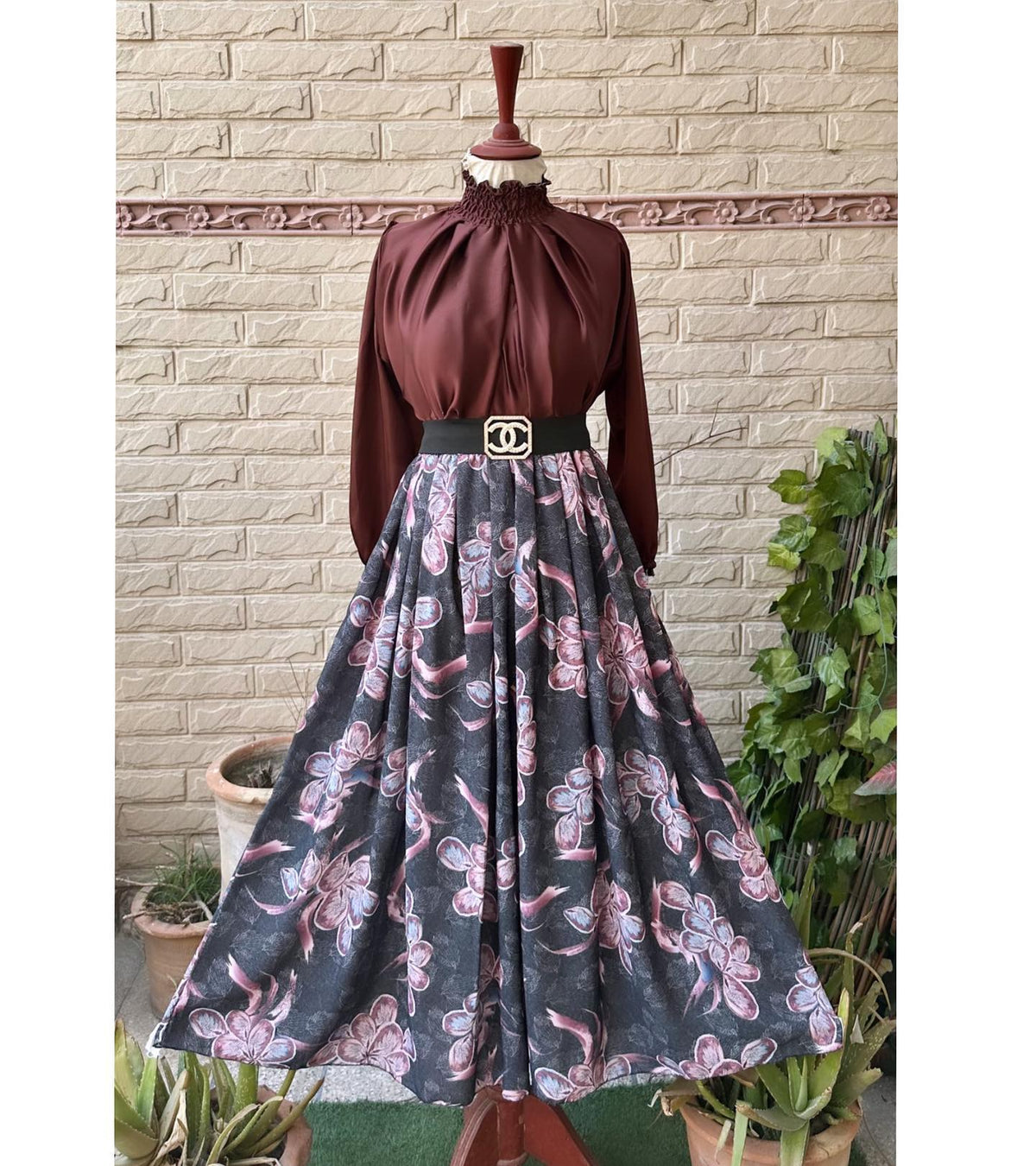 Silk Flair Skirt with Stone Channel Belt